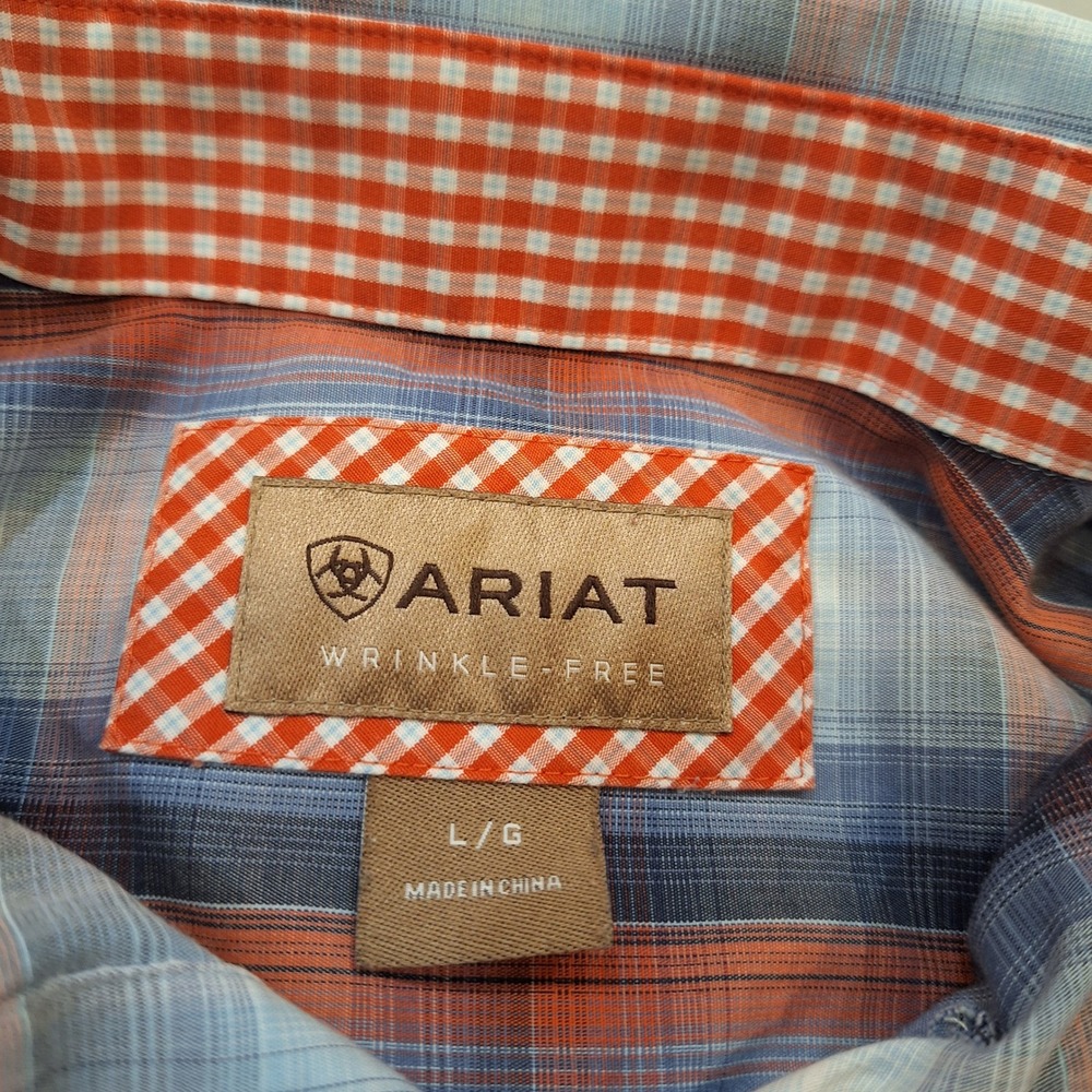 Ariat‎ Buttondown Shirt Mens Lg Blue Orange Plaid Wrinkle Free Western Flip Cuff - Picture 2 of 9